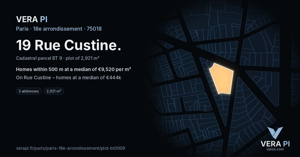19 Rue Custine, 18e arrondissement at night – the plot lit, the parcels around coloured by the prices near them