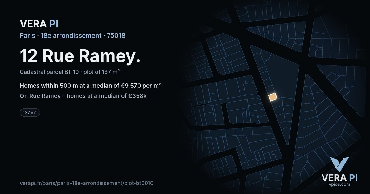 12 Rue Ramey, 18e arrondissement at night – the plot lit, the parcels around coloured by the prices near them