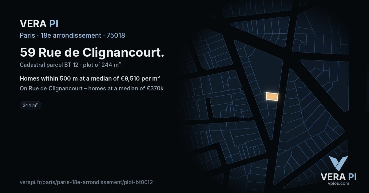 59 Rue de Clignancourt, 18e arrondissement at night – the plot lit, the parcels around coloured by the prices near them