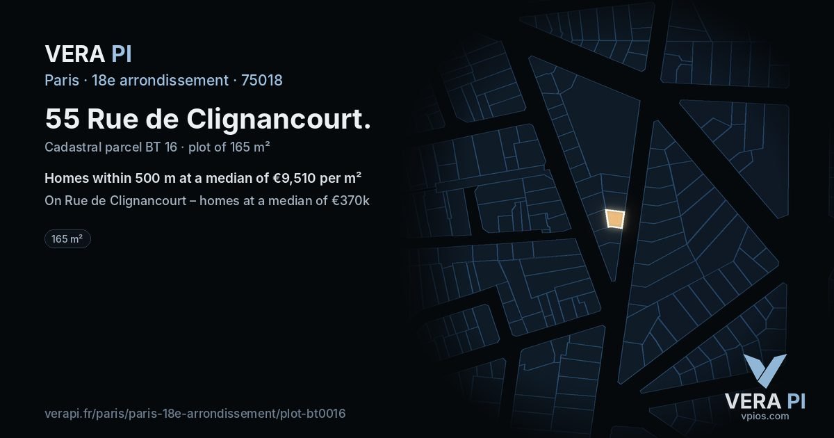 55 Rue de Clignancourt, 18e arrondissement at night – the plot lit, the parcels around coloured by the prices near them