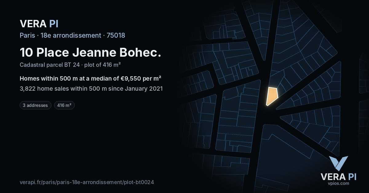 10 Place Jeanne Bohec, 18e arrondissement at night – the plot lit, the parcels around coloured by the prices near them