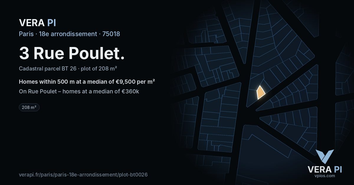 3 Rue Poulet, 18e arrondissement at night – the plot lit, the parcels around coloured by the prices near them
