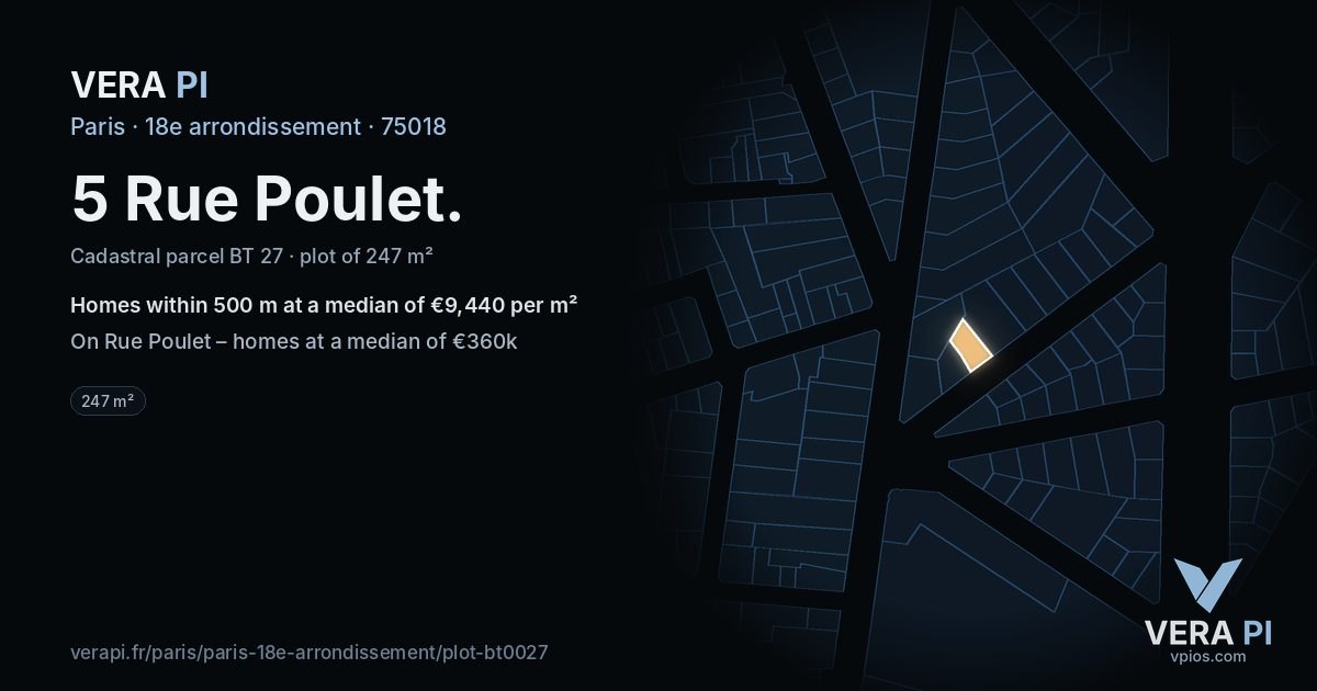 5 Rue Poulet, 18e arrondissement at night – the plot lit, the parcels around coloured by the prices near them