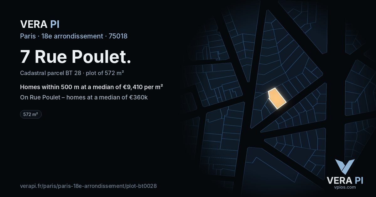 7 Rue Poulet, 18e arrondissement at night – the plot lit, the parcels around coloured by the prices near them