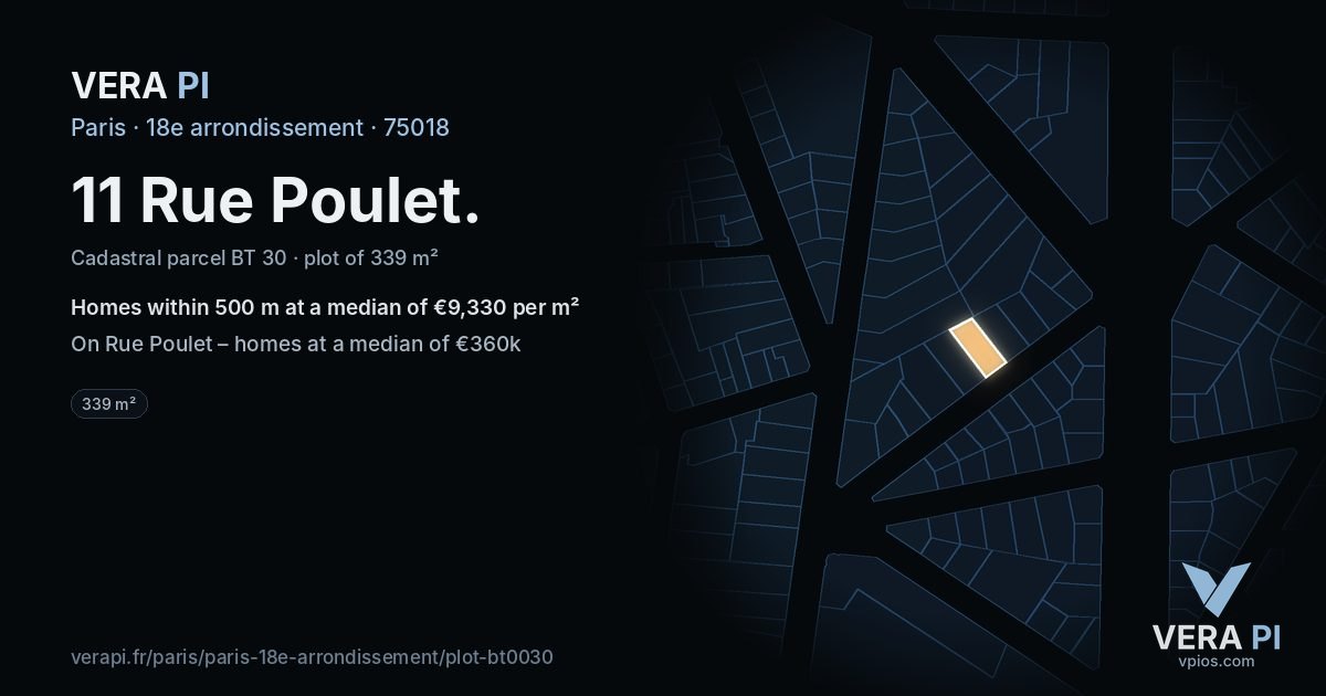 11 Rue Poulet, 18e arrondissement at night – the plot lit, the parcels around coloured by the prices near them