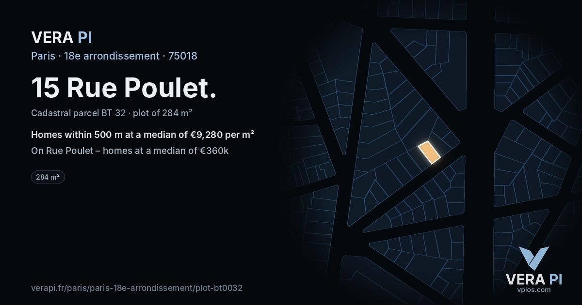 15 Rue Poulet, 18e arrondissement at night – the plot lit, the parcels around coloured by the prices near them
