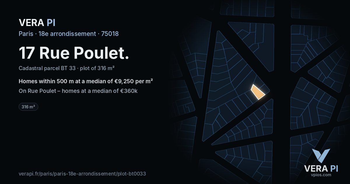 17 Rue Poulet, 18e arrondissement at night – the plot lit, the parcels around coloured by the prices near them