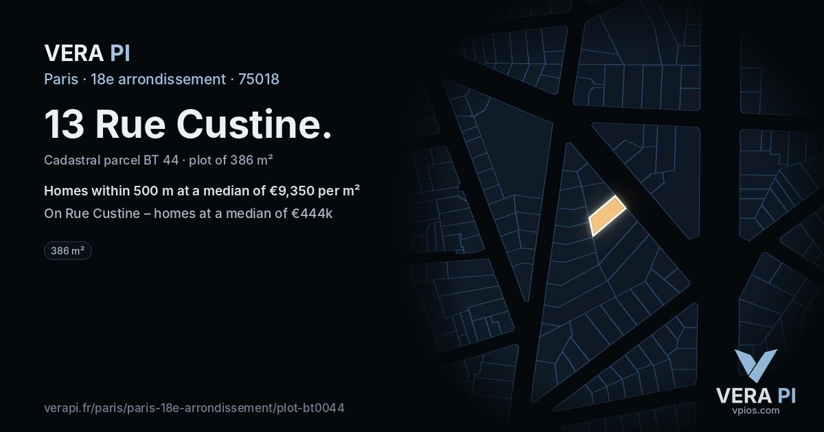 13 Rue Custine, 18e arrondissement at night – the plot lit, the parcels around coloured by the prices near them