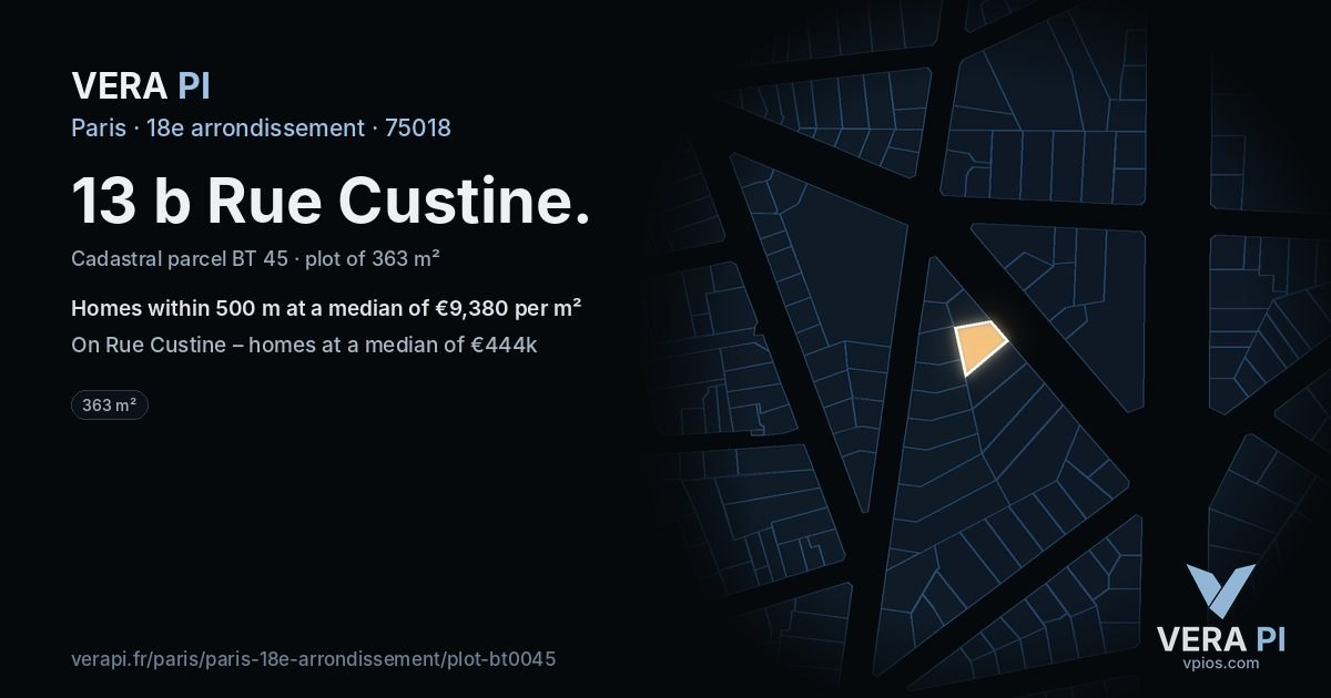 13 b Rue Custine, 18e arrondissement at night – the plot lit, the parcels around coloured by the prices near them