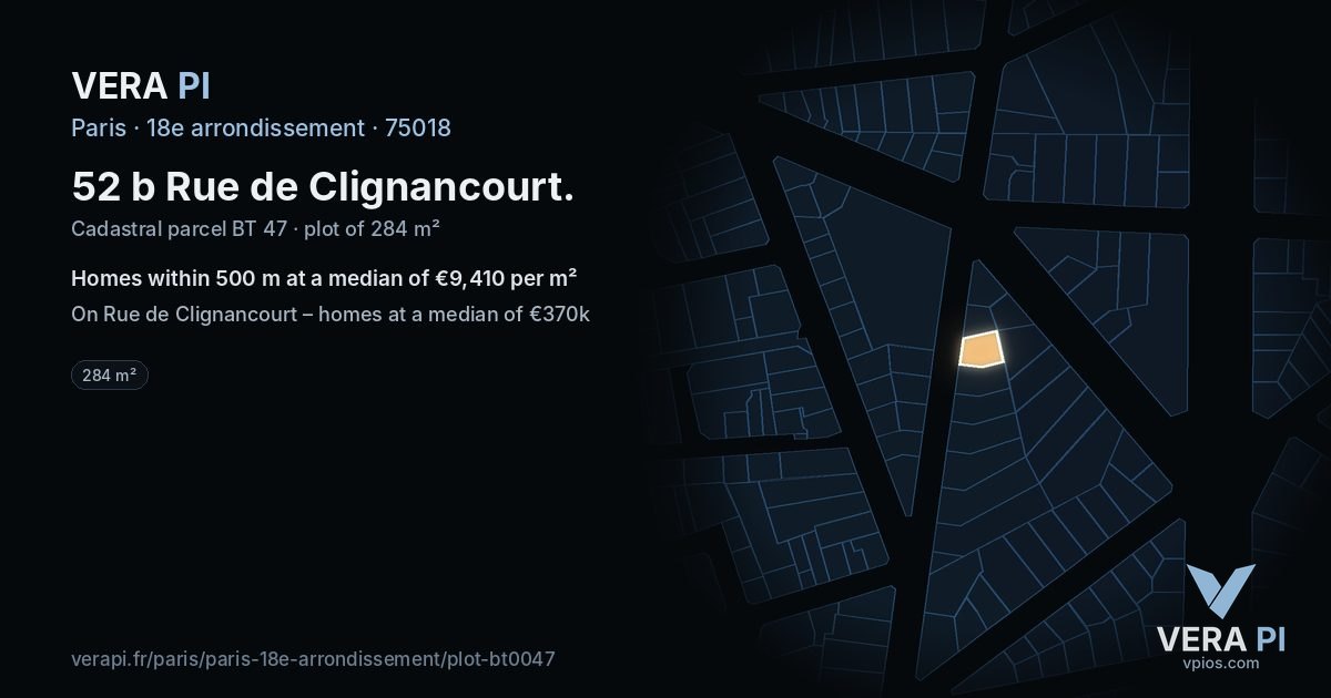 52 b Rue de Clignancourt, 18e arrondissement at night – the plot lit, the parcels around coloured by the prices near them