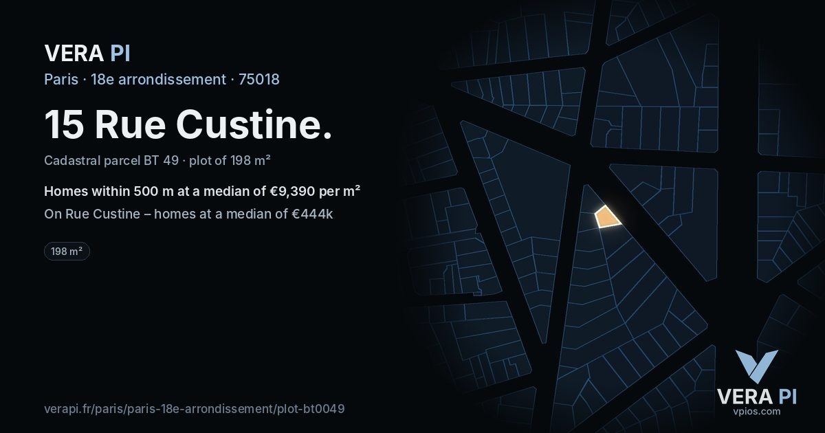 15 Rue Custine, 18e arrondissement at night – the plot lit, the parcels around coloured by the prices near them
