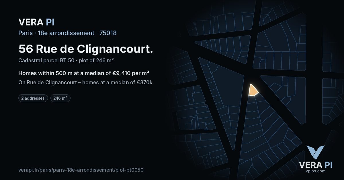 56 Rue de Clignancourt, 18e arrondissement at night – the plot lit, the parcels around coloured by the prices near them