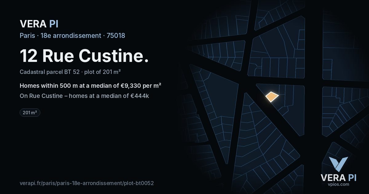 12 Rue Custine, 18e arrondissement at night – the plot lit, the parcels around coloured by the prices near them