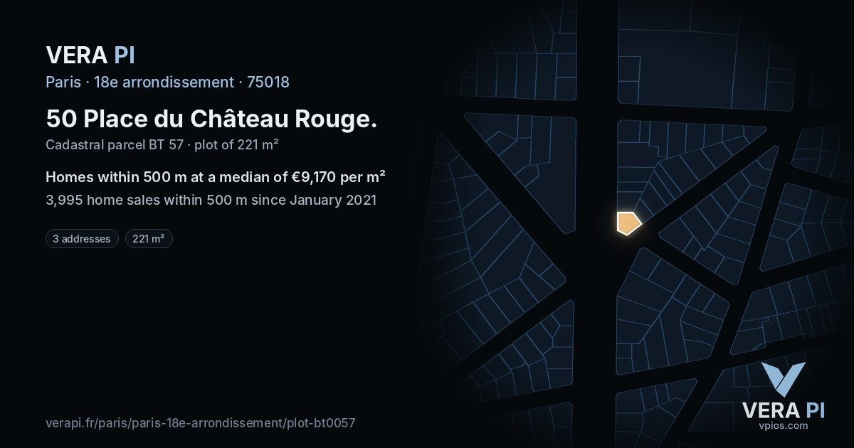 50 Place du Château Rouge, 18e arrondissement at night – the plot lit, the parcels around coloured by the prices near them