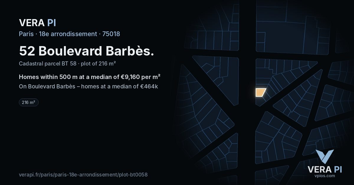 52 Boulevard Barbès, 18e arrondissement at night – the plot lit, the parcels around coloured by the prices near them