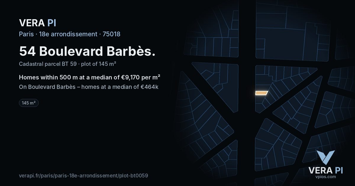 54 Boulevard Barbès, 18e arrondissement at night – the plot lit, the parcels around coloured by the prices near them