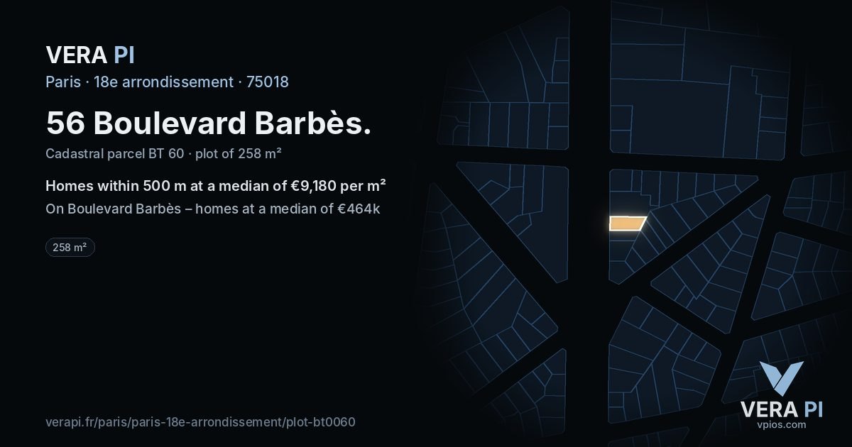 56 Boulevard Barbès, 18e arrondissement at night – the plot lit, the parcels around coloured by the prices near them
