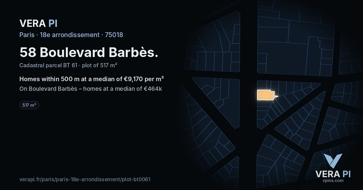 58 Boulevard Barbès, 18e arrondissement at night – the plot lit, the parcels around coloured by the prices near them