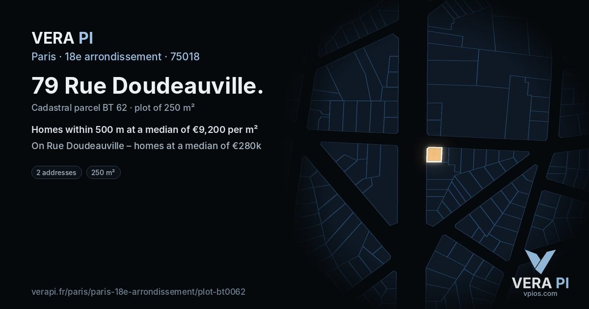 79 Rue Doudeauville, 18e arrondissement at night – the plot lit, the parcels around coloured by the prices near them