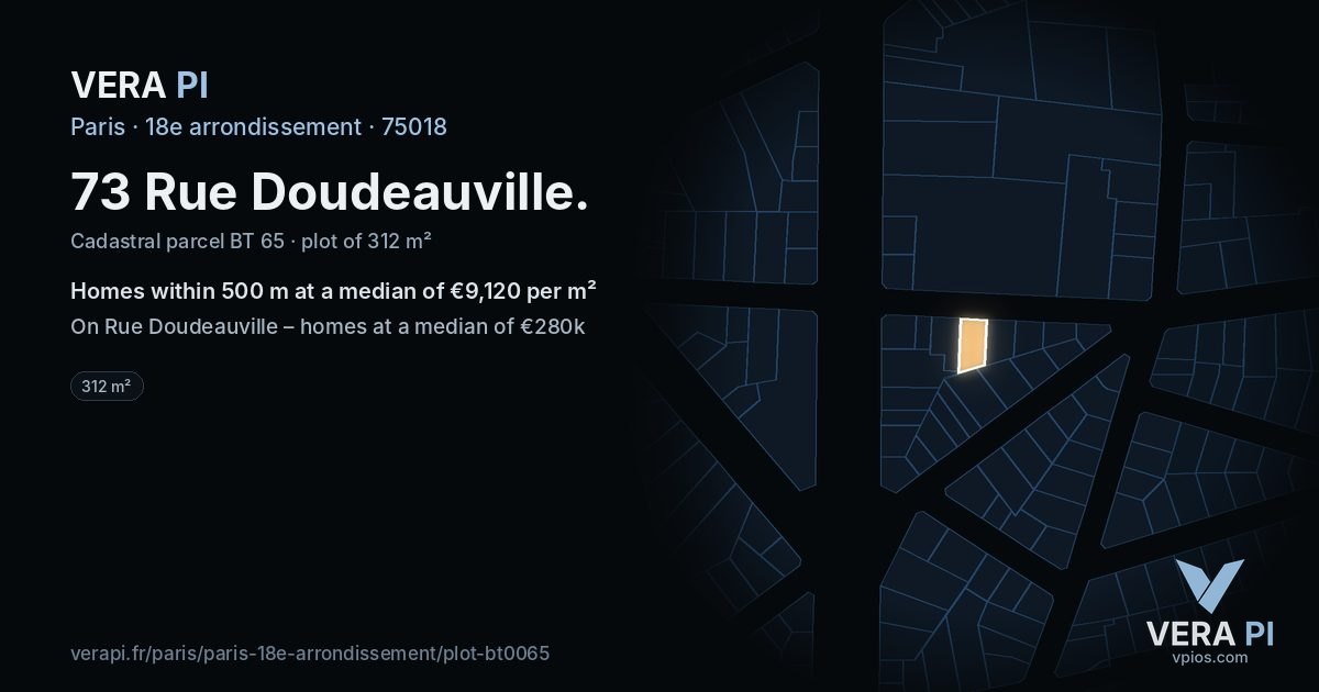 73 Rue Doudeauville, 18e arrondissement at night – the plot lit, the parcels around coloured by the prices near them