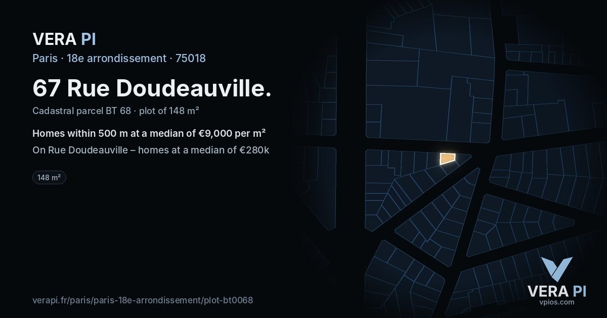 67 Rue Doudeauville, 18e arrondissement at night – the plot lit, the parcels around coloured by the prices near them