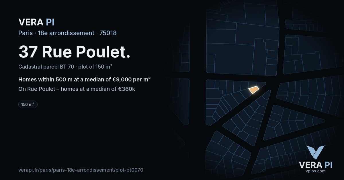 37 Rue Poulet, 18e arrondissement at night – the plot lit, the parcels around coloured by the prices near them