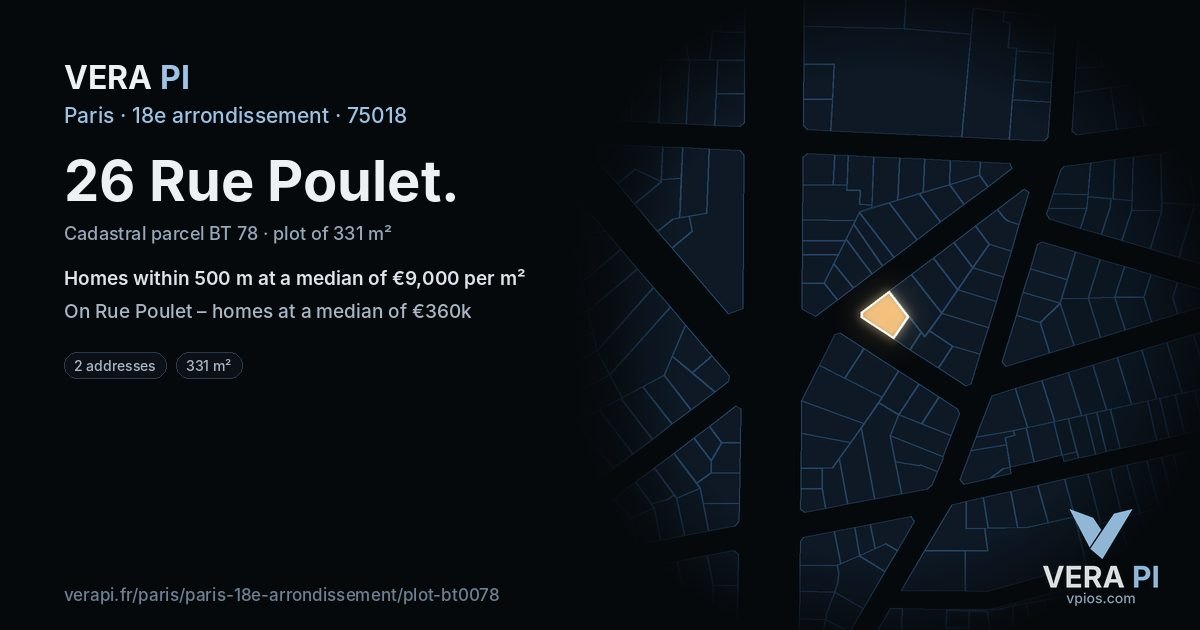 26 Rue Poulet, 18e arrondissement at night – the plot lit, the parcels around coloured by the prices near them