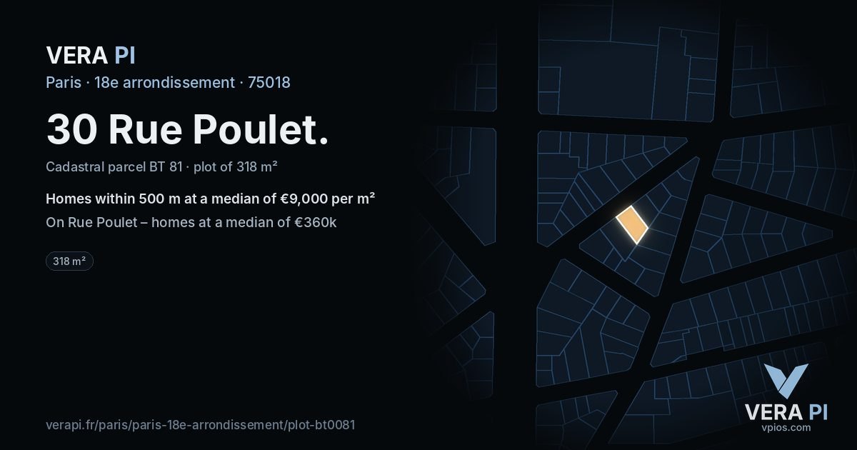 30 Rue Poulet, 18e arrondissement at night – the plot lit, the parcels around coloured by the prices near them