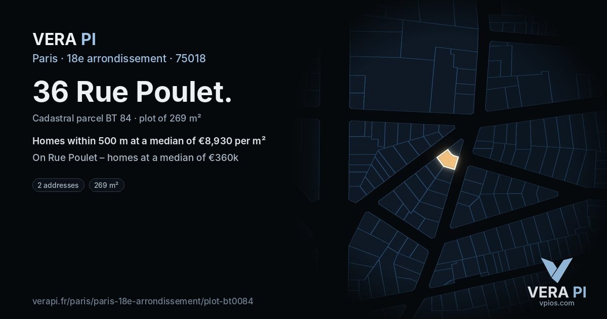 36 Rue Poulet, 18e arrondissement at night – the plot lit, the parcels around coloured by the prices near them