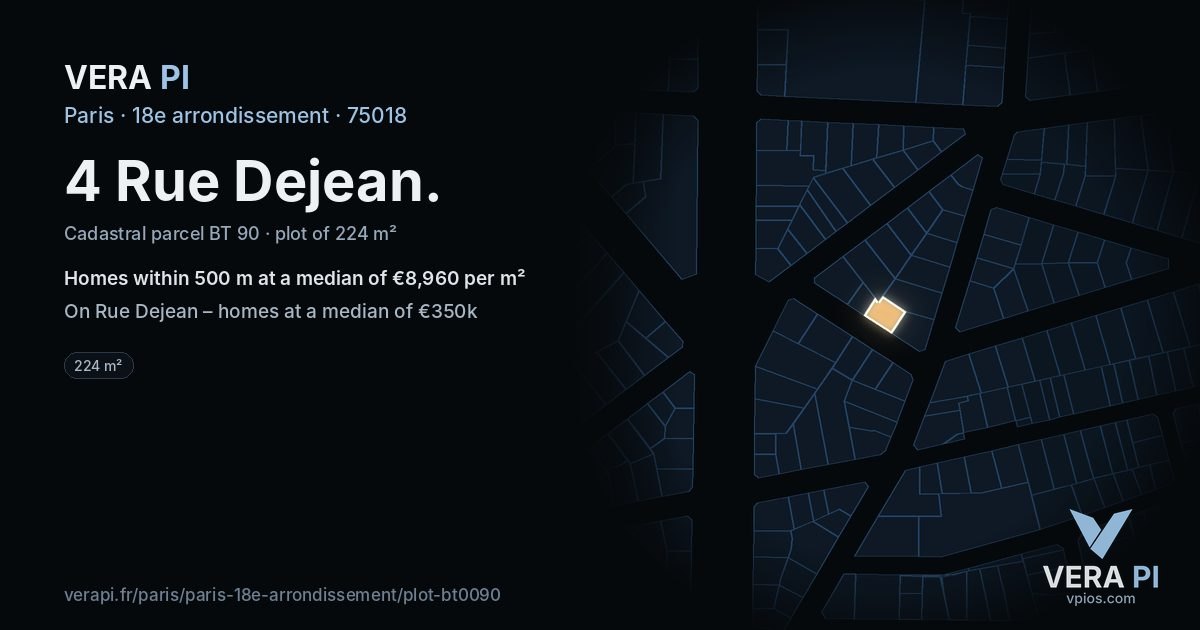 4 Rue Dejean, 18e arrondissement at night – the plot lit, the parcels around coloured by the prices near them