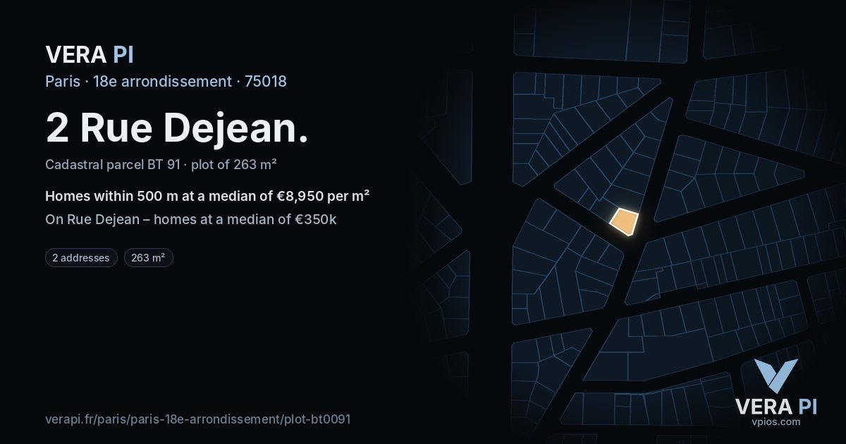 2 Rue Dejean, 18e arrondissement at night – the plot lit, the parcels around coloured by the prices near them