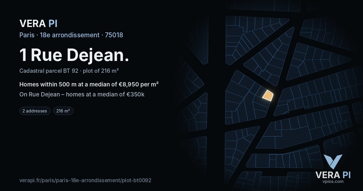1 Rue Dejean, 18e arrondissement at night – the plot lit, the parcels around coloured by the prices near them