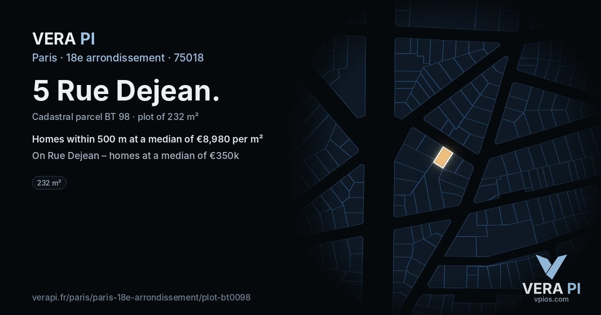 5 Rue Dejean, 18e arrondissement at night – the plot lit, the parcels around coloured by the prices near them
