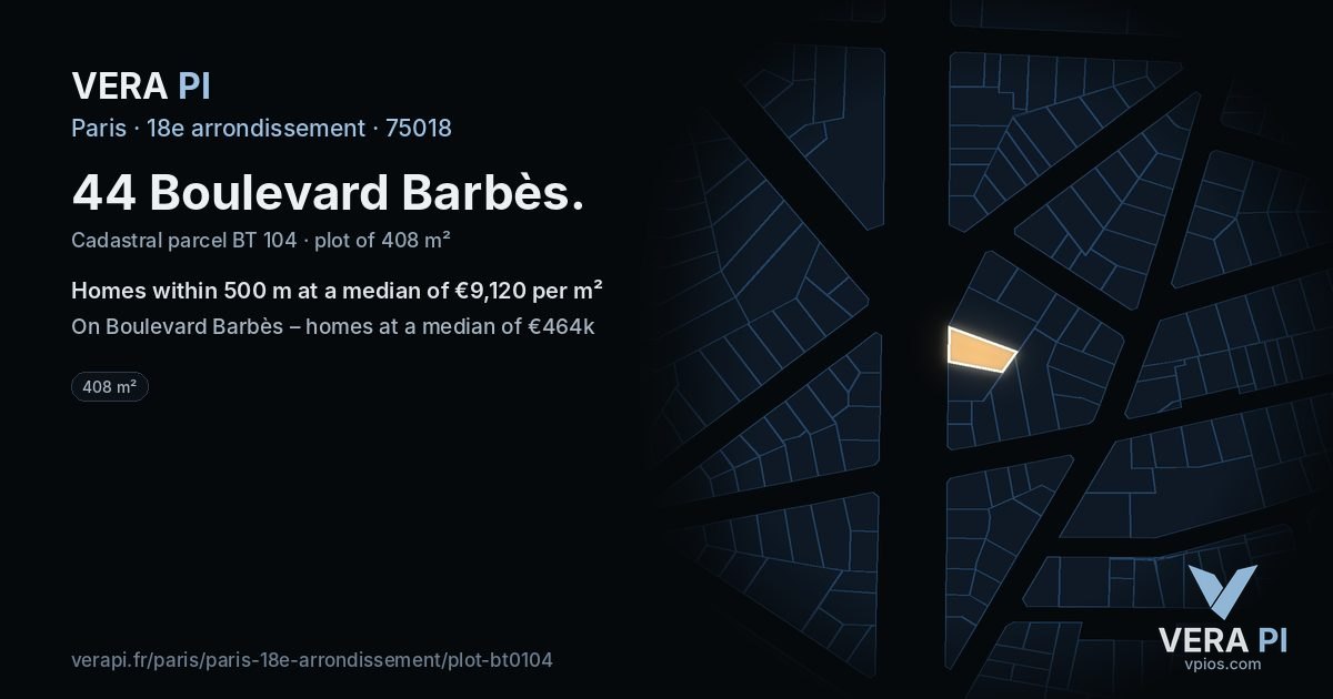 44 Boulevard Barbès, 18e arrondissement at night – the plot lit, the parcels around coloured by the prices near them