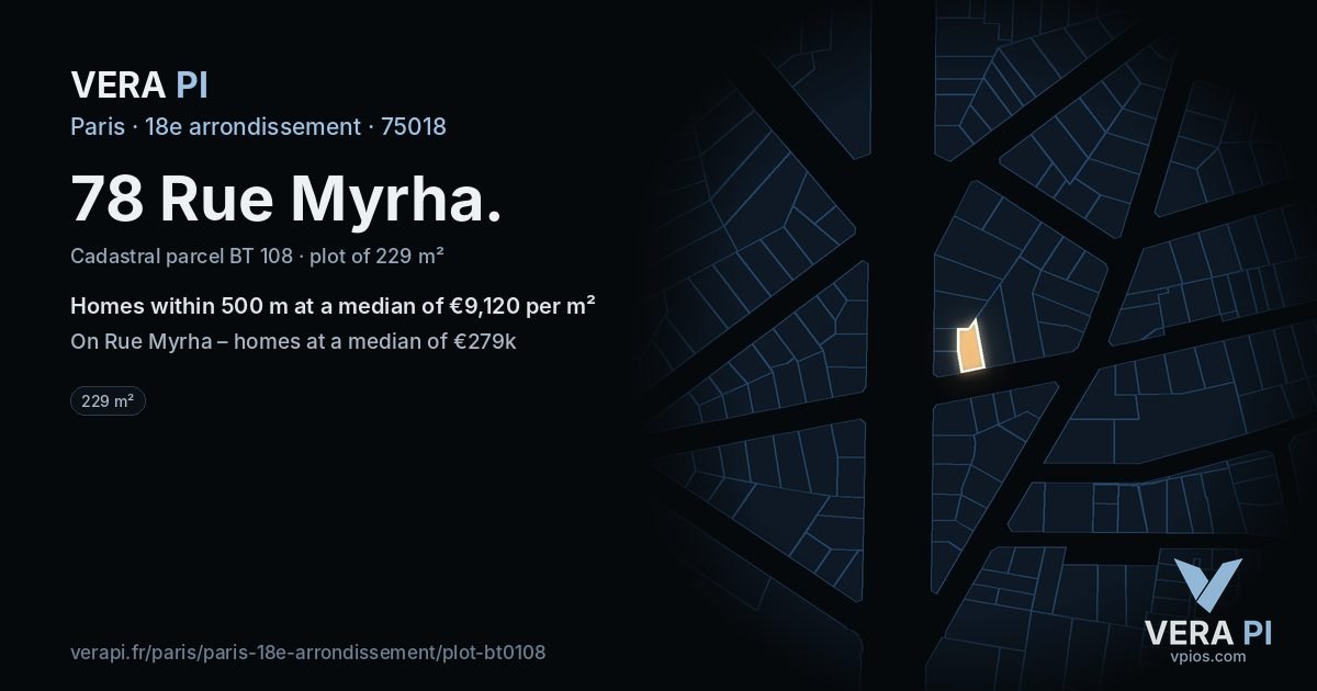 78 Rue Myrha, 18e arrondissement at night – the plot lit, the parcels around coloured by the prices near them