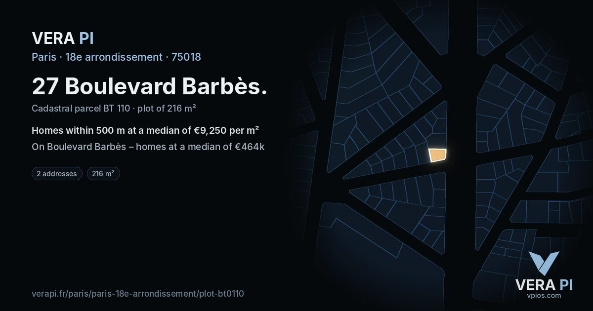 27 Boulevard Barbès, 18e arrondissement at night – the plot lit, the parcels around coloured by the prices near them