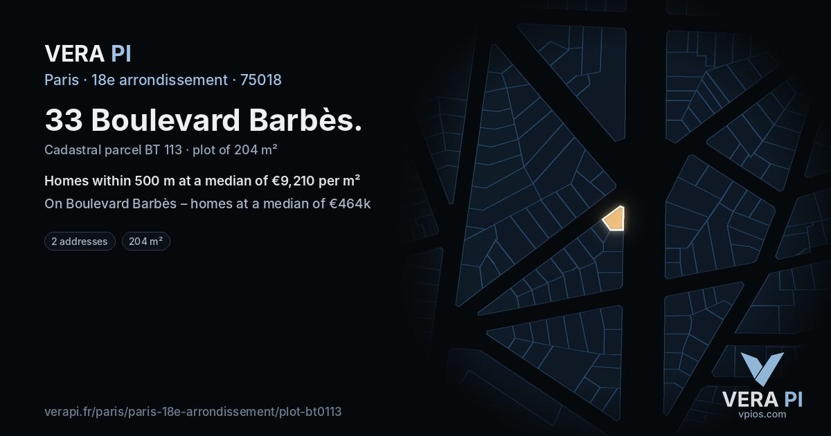 33 Boulevard Barbès, 18e arrondissement at night – the plot lit, the parcels around coloured by the prices near them