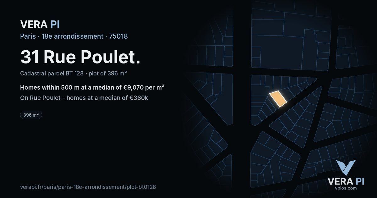 31 Rue Poulet, 18e arrondissement at night – the plot lit, the parcels around coloured by the prices near them
