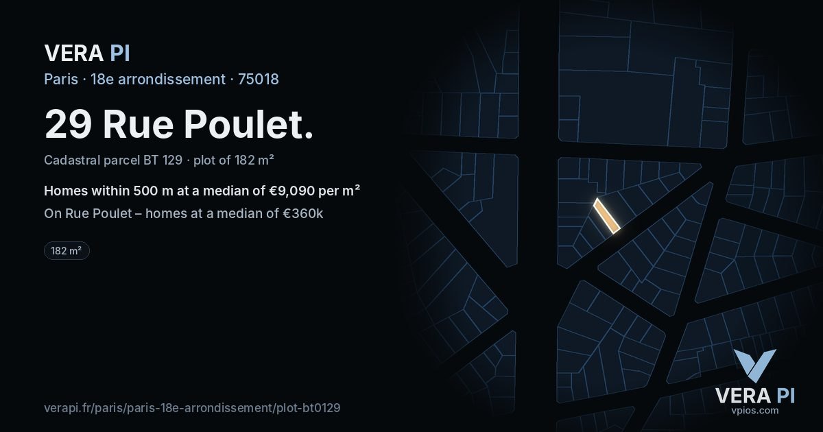 29 Rue Poulet, 18e arrondissement at night – the plot lit, the parcels around coloured by the prices near them