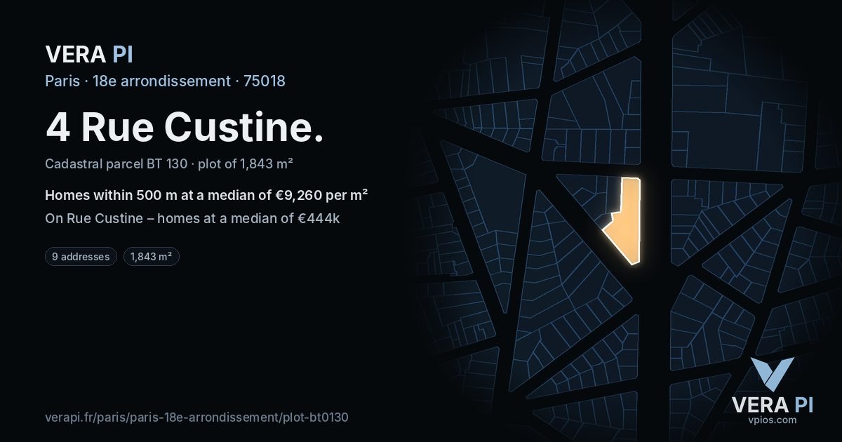 4 Rue Custine, 18e arrondissement at night – the plot lit, the parcels around coloured by the prices near them