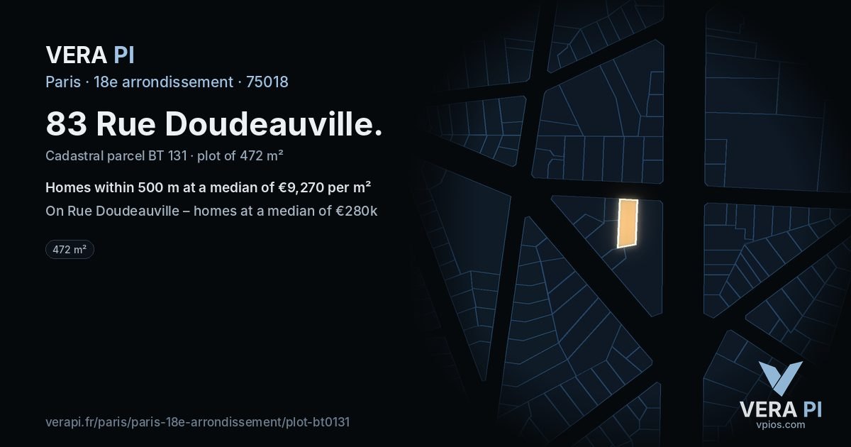 83 Rue Doudeauville, 18e arrondissement at night – the plot lit, the parcels around coloured by the prices near them