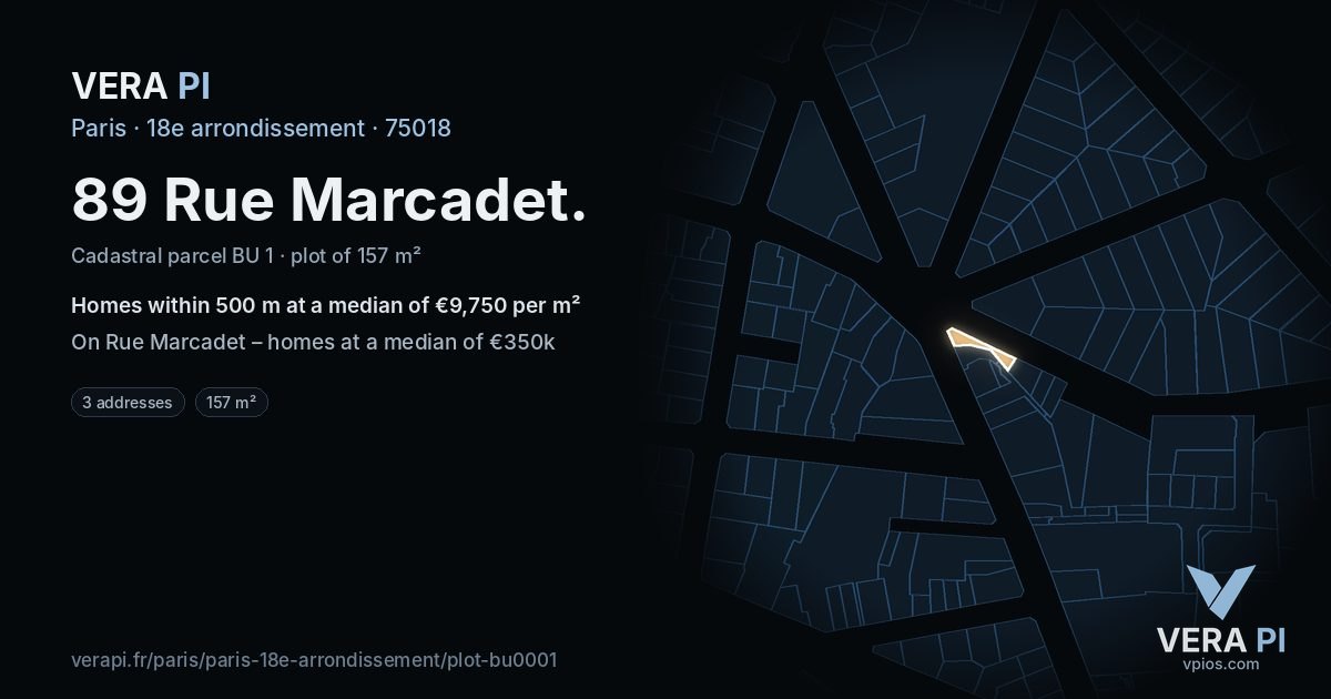 89 Rue Marcadet, 18e arrondissement at night – the plot lit, the parcels around coloured by the prices near them