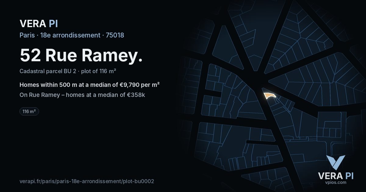 52 Rue Ramey, 18e arrondissement at night – the plot lit, the parcels around coloured by the prices near them