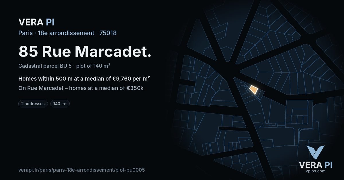 85 Rue Marcadet, 18e arrondissement at night – the plot lit, the parcels around coloured by the prices near them