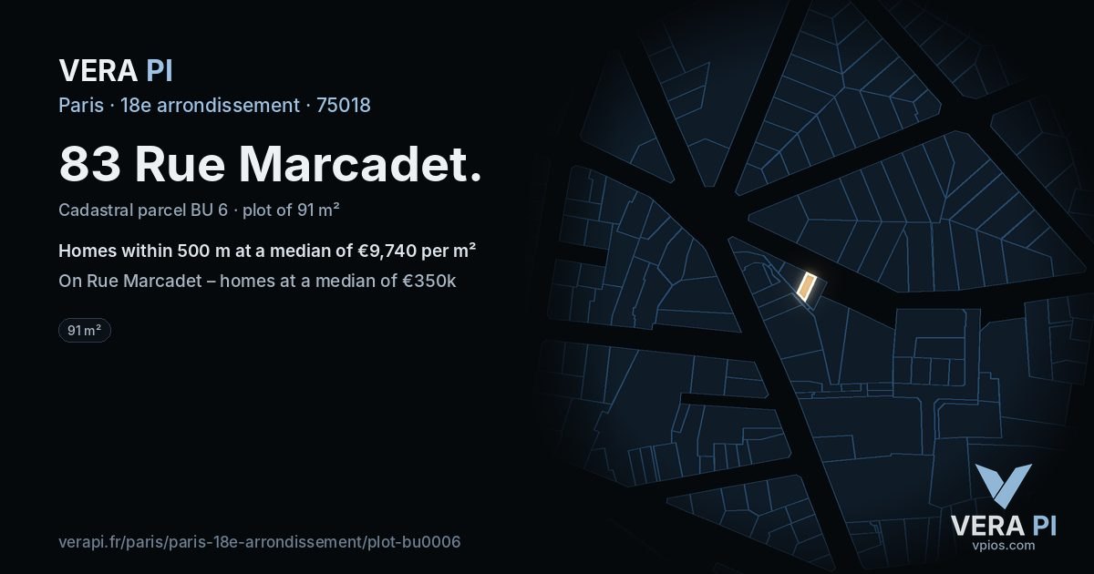 83 Rue Marcadet, 18e arrondissement at night – the plot lit, the parcels around coloured by the prices near them