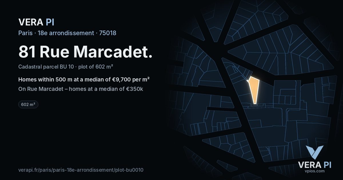 81 Rue Marcadet, 18e arrondissement at night – the plot lit, the parcels around coloured by the prices near them