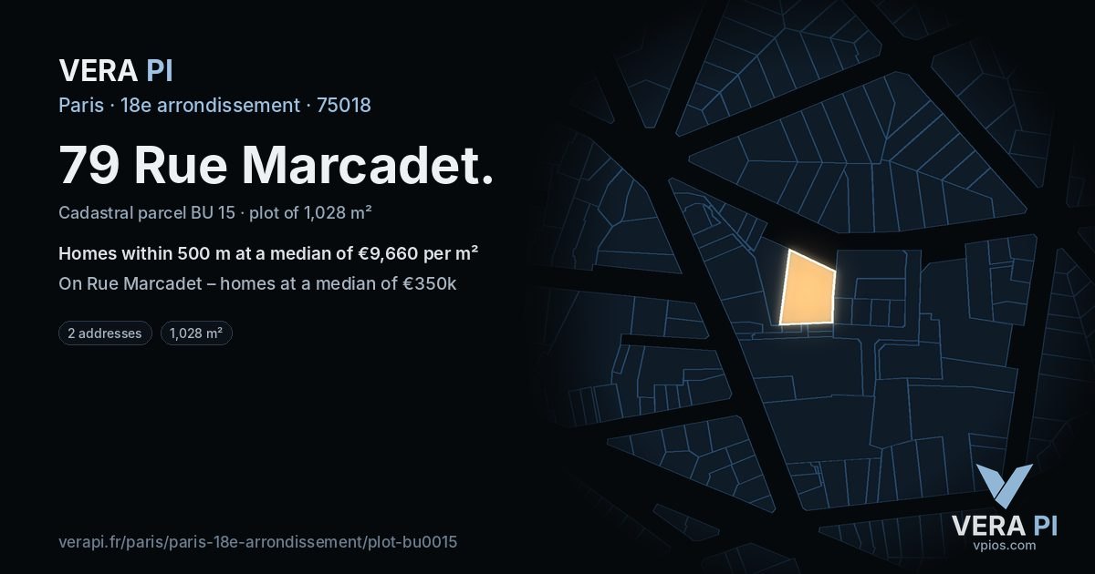79 Rue Marcadet, 18e arrondissement at night – the plot lit, the parcels around coloured by the prices near them