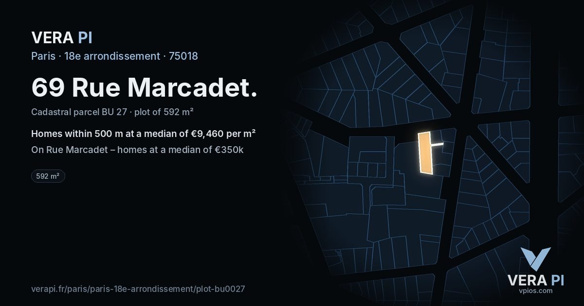 69 Rue Marcadet, 18e arrondissement at night – the plot lit, the parcels around coloured by the prices near them