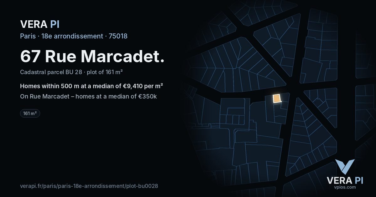 67 Rue Marcadet, 18e arrondissement at night – the plot lit, the parcels around coloured by the prices near them
