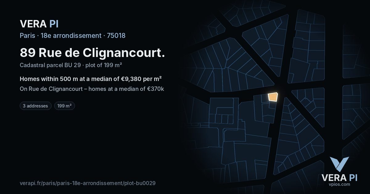 89 Rue de Clignancourt, 18e arrondissement at night – the plot lit, the parcels around coloured by the prices near them